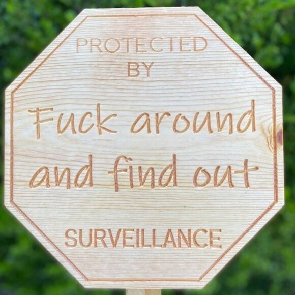 Handcrafted Wooden F••k Around and Find Out Surveillance Yard Sign - Picture 7 of 9